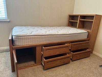 Solid Oak Twin Captain's Bed with Storage Drawers, Cabinet, and Headboard Shelves, Includes Mattress