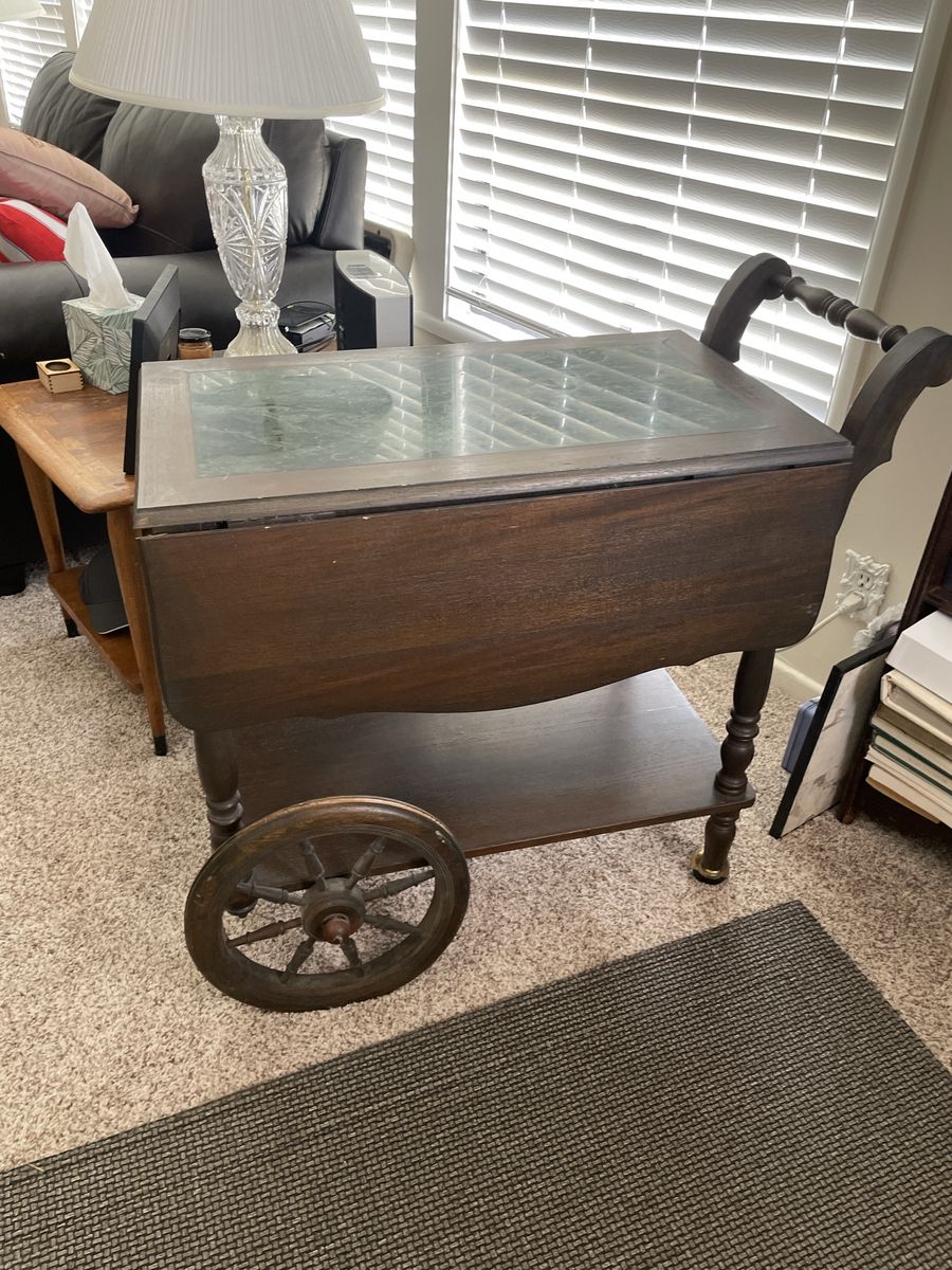Vintage Green Marble Top Wood Tea/Bar Cart, Drop Leaf Sides, Drawer, Serving Trolley