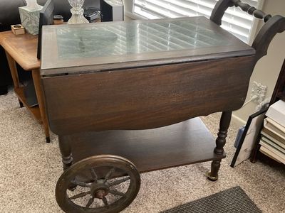 Vintage Green Marble Top Wood Tea/Bar Cart, Drop Leaf Sides, Drawer, Serving Trolley