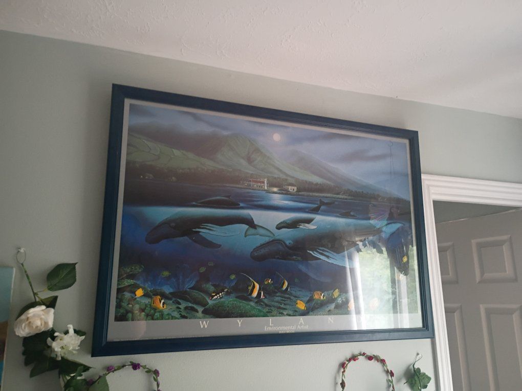 Vintage Wyland "maui moon" Framed Art Print - Environmental Artist - Under the Sea Whales & Fish