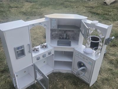KidKraft White Corner Play Kitchen & Accessories, 37" Tall, Realistic Lights & Sounds