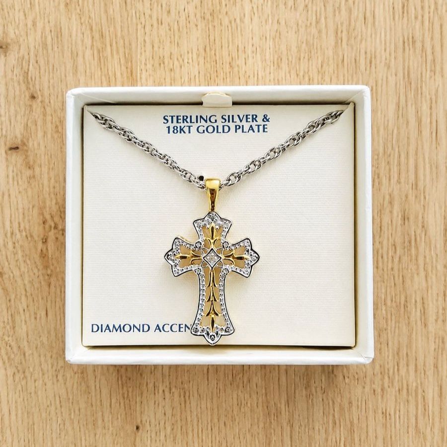 Sterling Silver & 18kt Gold Plate Diamond Accent Cross Pendant Necklace