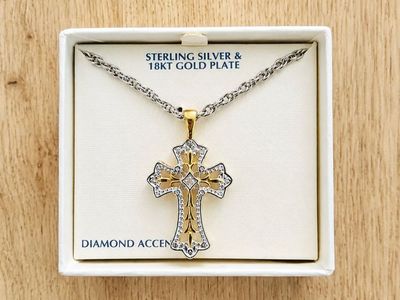 Sterling Silver & 18kt Gold Plate Diamond Accent Cross Pendant Necklace