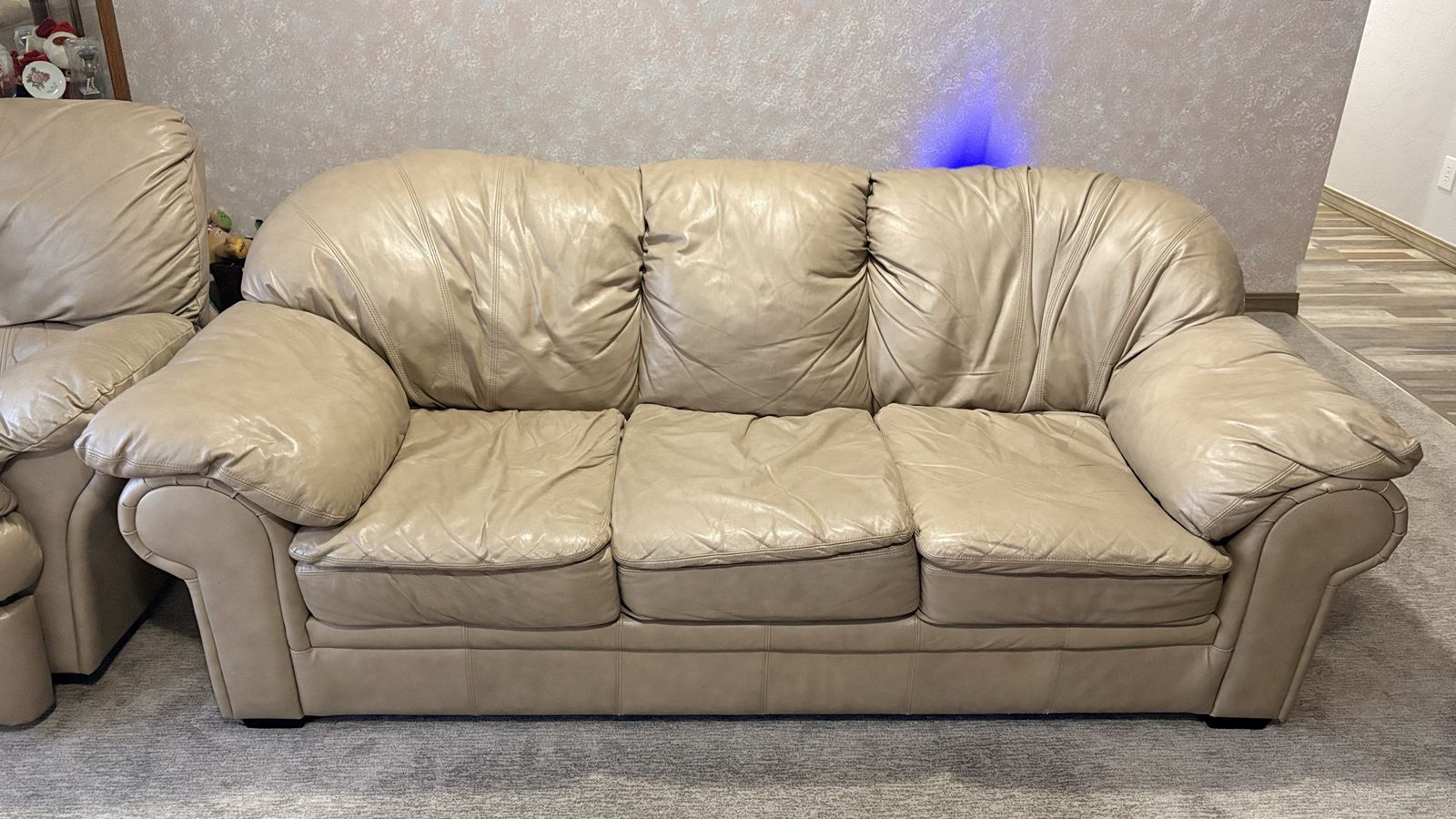 Beige Leather Sofa and Matching Armchair Set