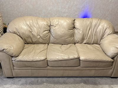 Beige Leather Sofa and Matching Armchair Set