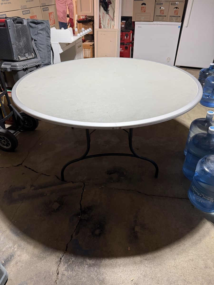 Large Round Folding Table, Light Gray Top, Metal Legs - Versatile Event Furniture