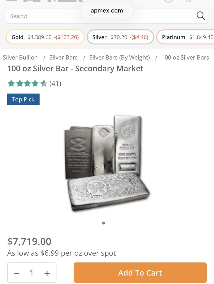 100 OZ Silver Bar .999