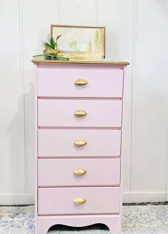 Vintage Modern Inspired Pink 5 Drawer Dresser | Modern Inspired 5 Drawer Chest | Dresser