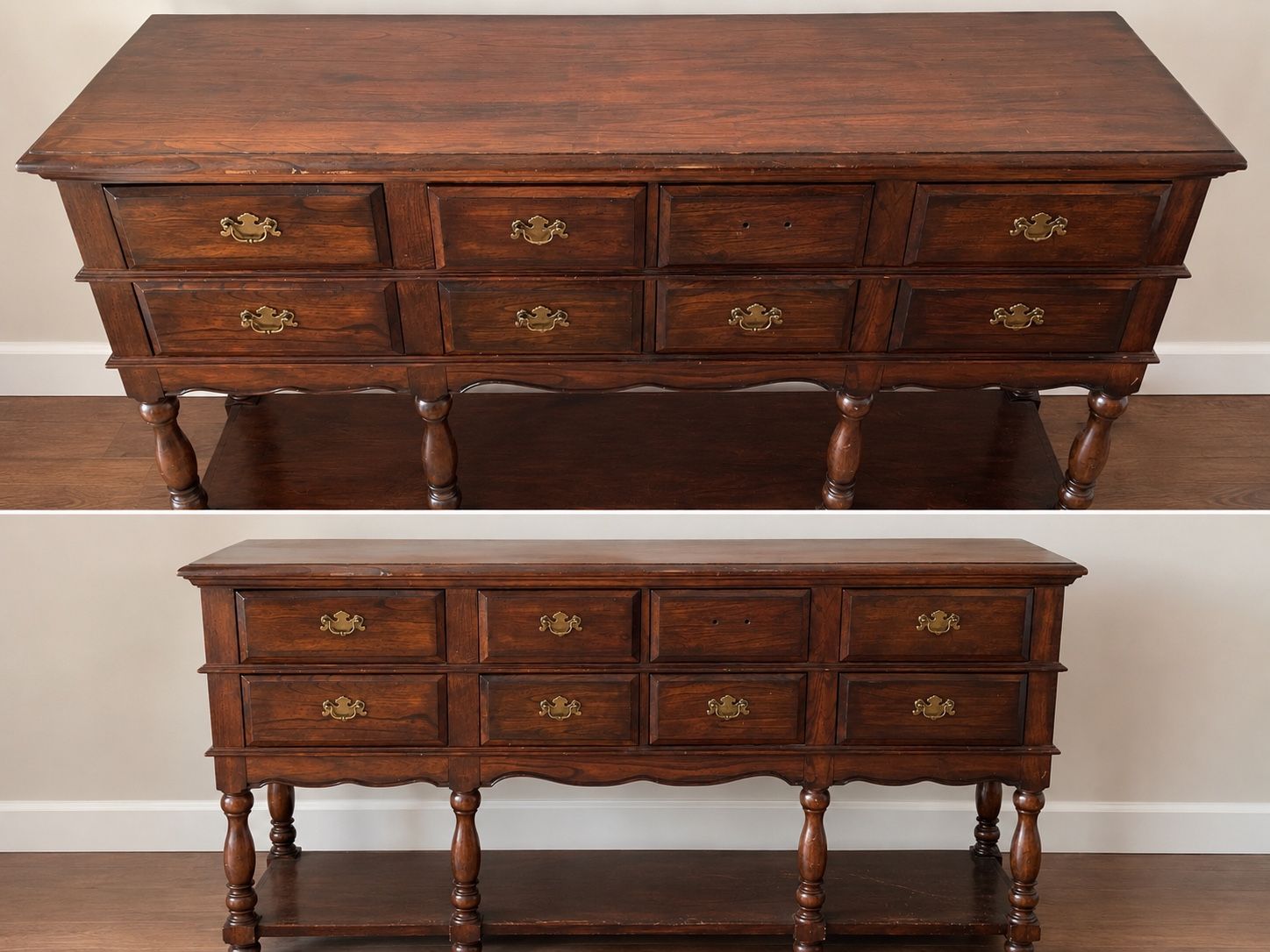 Vintage Dark Wood Console Table with 8 Drawers & Scalloped Apron