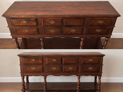 Vintage Dark Wood Console Table with 8 Drawers & Scalloped Apron