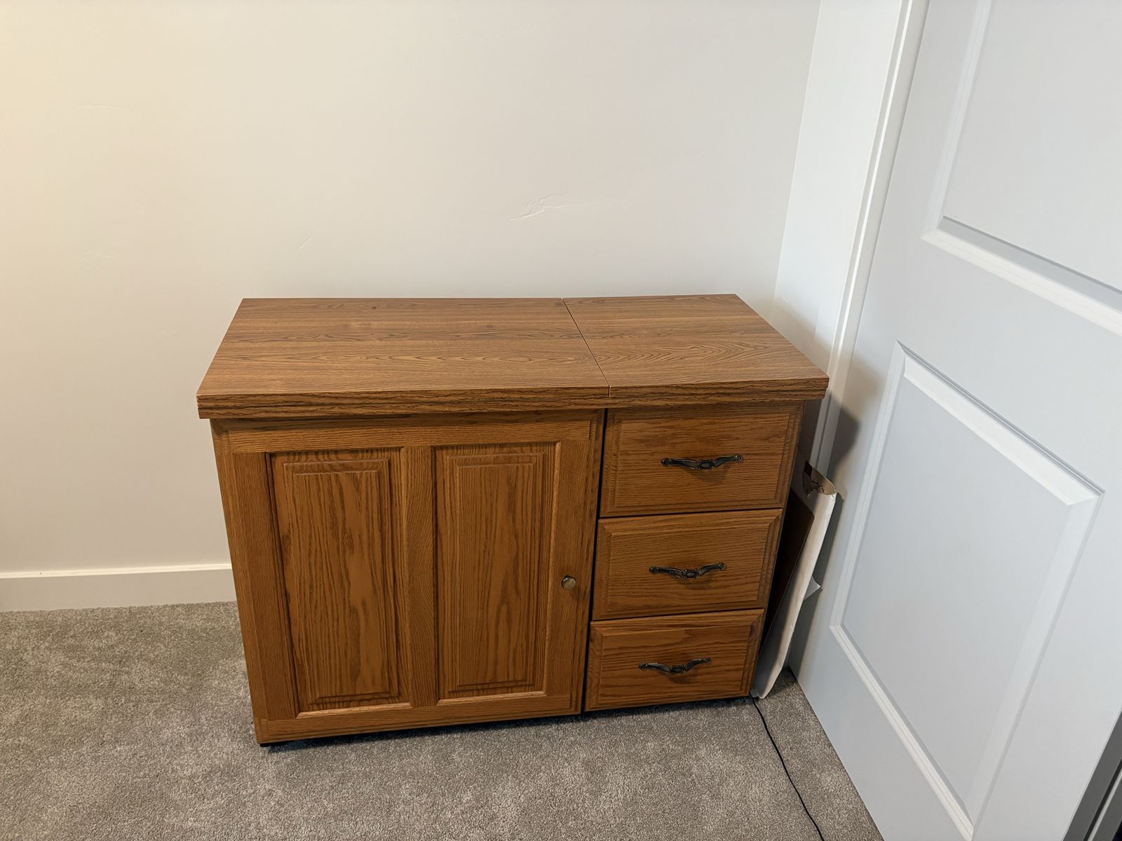 Fold-Out Sewing Machine Cabinet with Drawers and Storage
