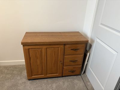 Fold-Out Sewing Machine Cabinet with Drawers and Storage