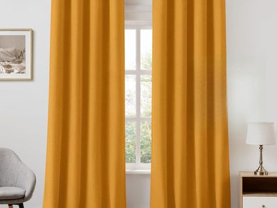 New! 100% Mustard Yellow Linen Blackout Curtains for Bedroom, 52 x 96 Inch Length 2 Panels Faux Linen Thermal Insulated Bla