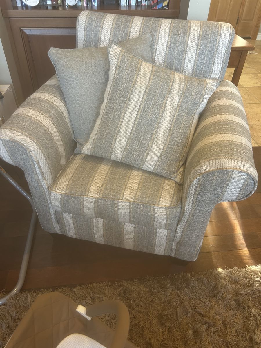 Upholstered Accent Chair - Steel-Blue, Cream & Tan Vertical Stripe Fabric, Excellent Condition