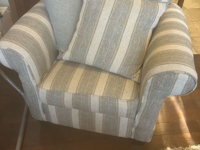 Upholstered Accent Chair - Steel-Blue, Cream & Tan Vertical Stripe Fabric, Excellent Condition