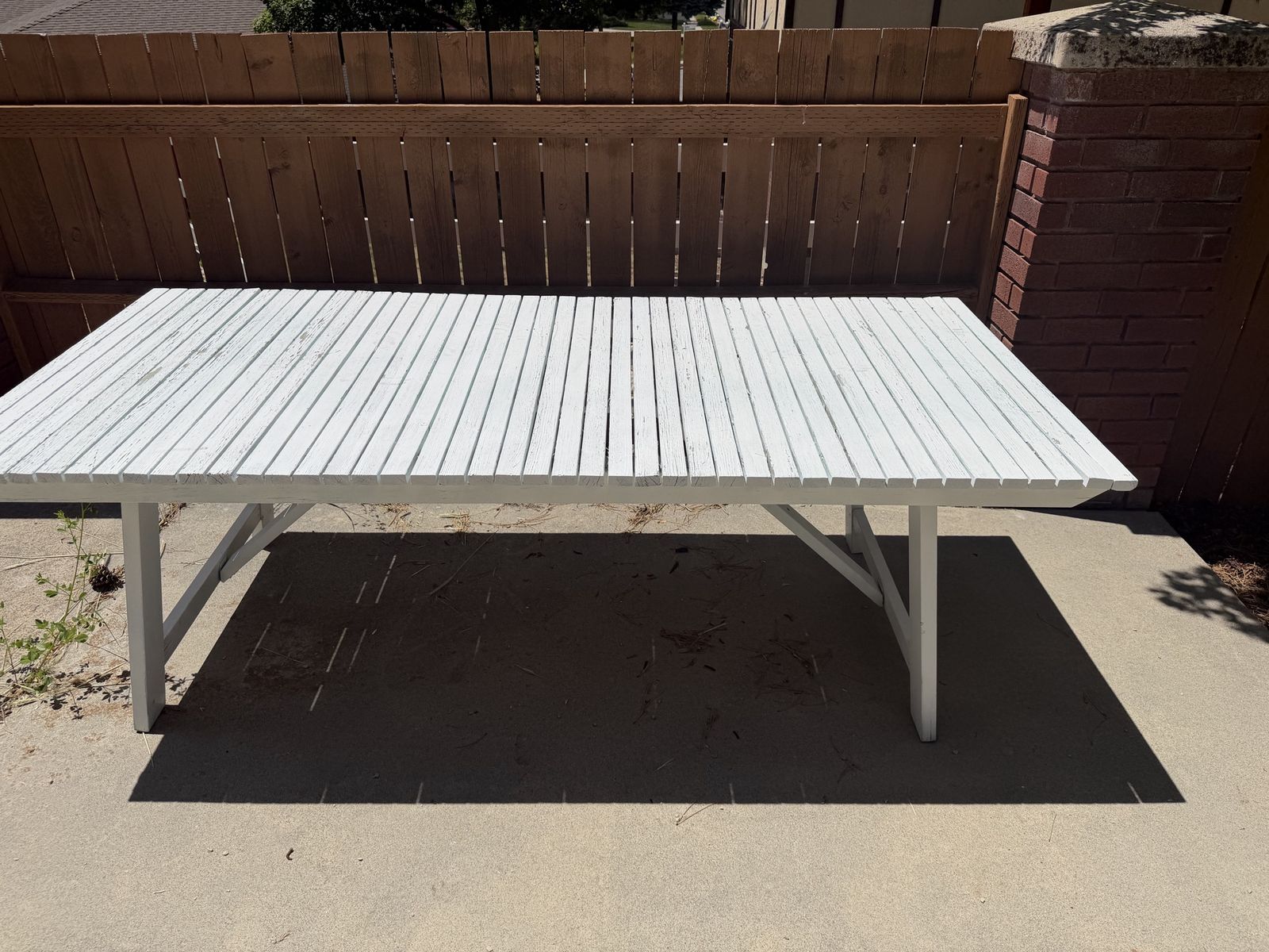 Large White Wood Slatted Outdoor Dining Table - 7'3" Long, Durable Patio Furniture