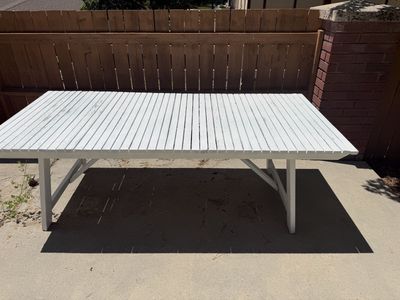 Large White Wood Slatted Outdoor Dining Table - 7'3" Long, Durable Patio Furniture