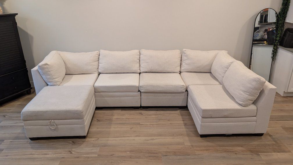 Living Spaces U-Shaped Modular Sectional Sofa with Storage Ottoman - Light Gray