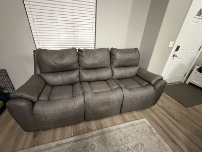 Gray Leather Reclining Living Room Furniture Set with Console
