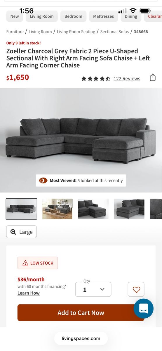 Living Spaces Charcoal Grey Fabric U-Shaped Sectional Sofa