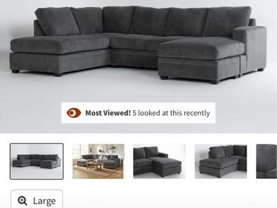 Living Spaces Charcoal Grey Fabric U-Shaped Sectional Sofa