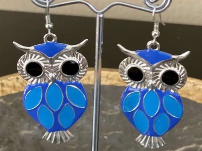 NEW Adorable Blue And Silver Enamel OWL Earrings - They are Eye Catching And FUN - C ALL PICS