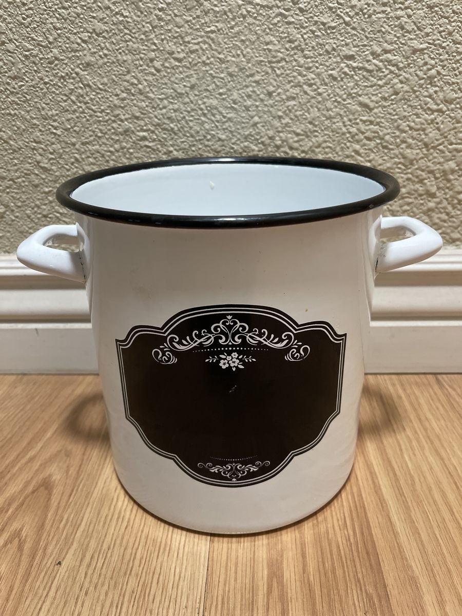 White Enamel Metal Storage Container Bin with Handles - Farmhouse Decor