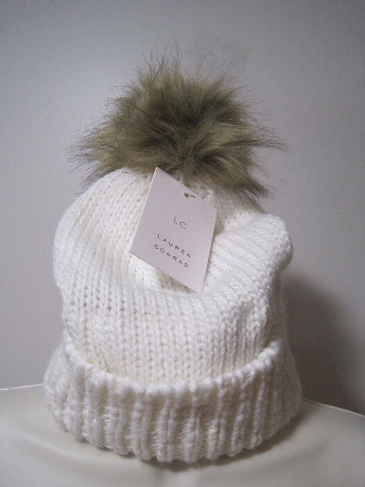 Lauren Conrad Knit Sparkle Beanie Hat White Cream Ivory Faux Fur Pom Pom W/ Pin
