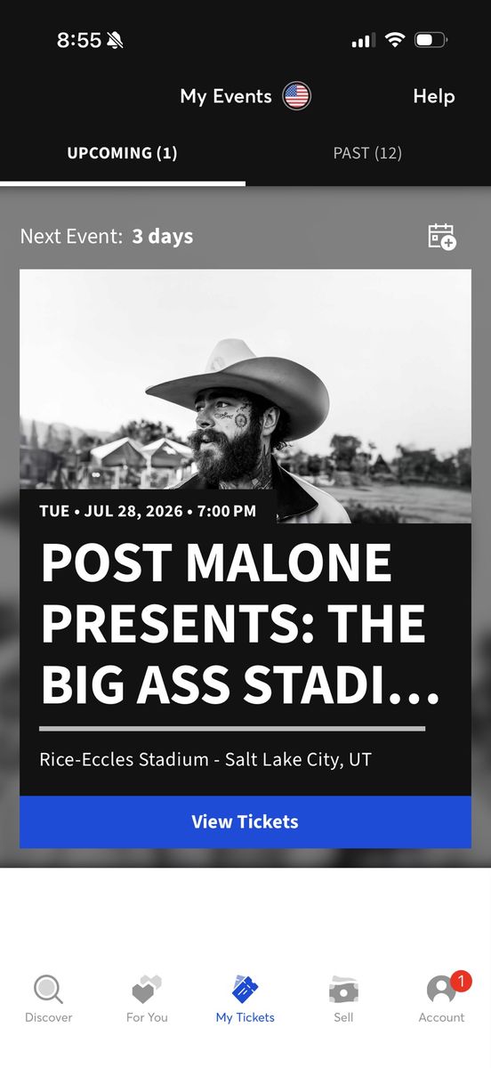 Post Malone The Big Ass Stadi Concert Tickets - July 28, 2026 - Rice-Eccles Stadium - 2 tickets - 150 each