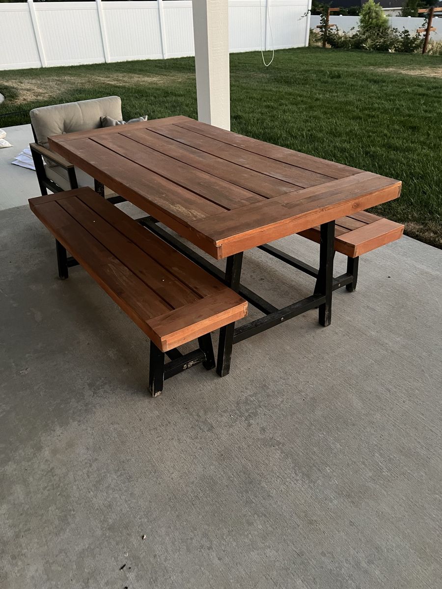 Outdoor Patio Dining Table Set with Benches - Wood Plank Top & Black Frame