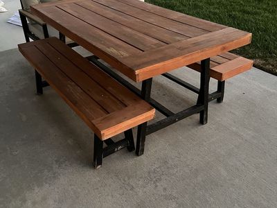 Outdoor Patio Dining Table Set with Benches - Wood Plank Top & Black Frame