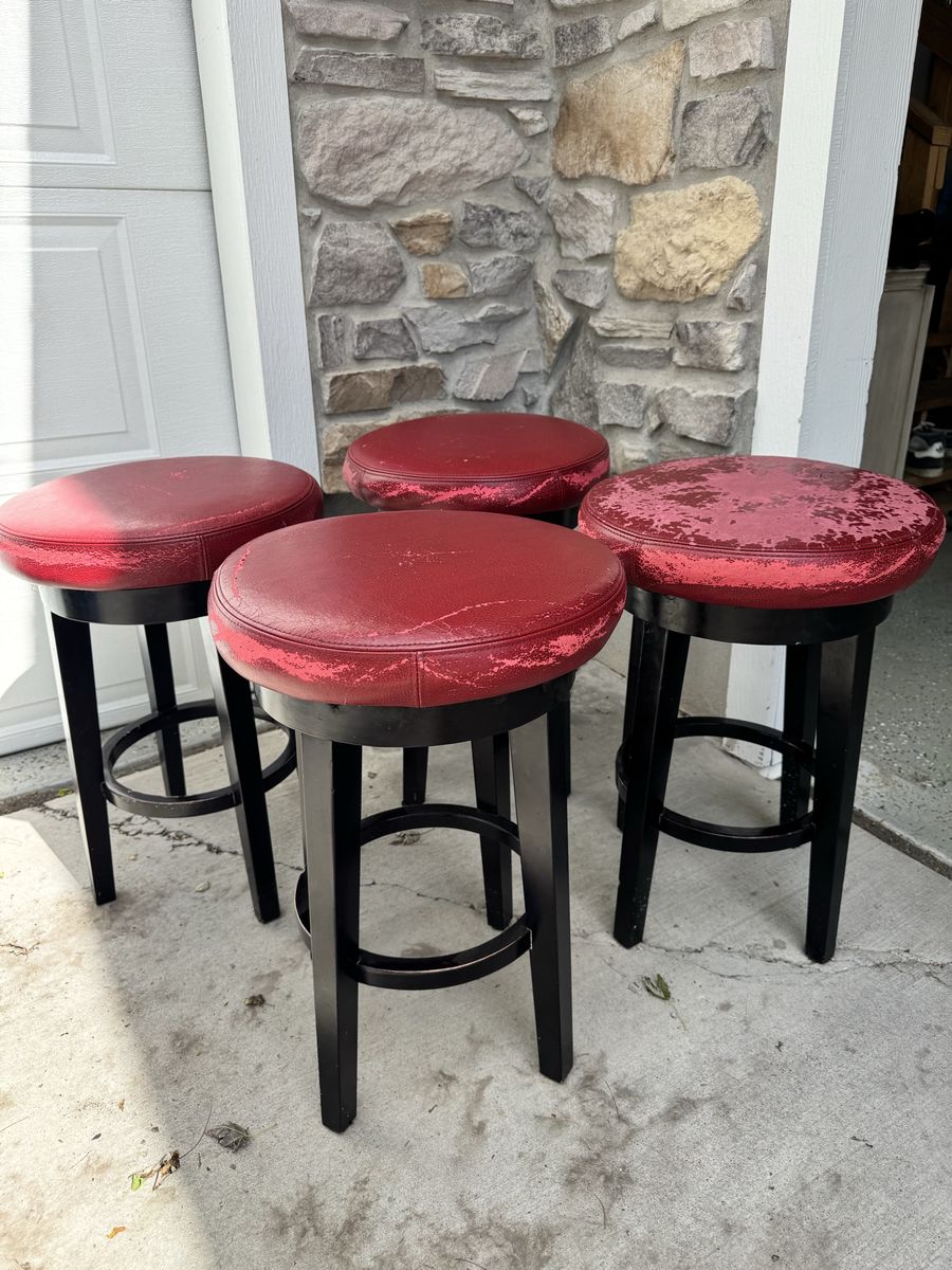 Set of 4 Grandin Road, Red Faux Leather Swivel Bar Stools - 16" Diameter, 25" Height