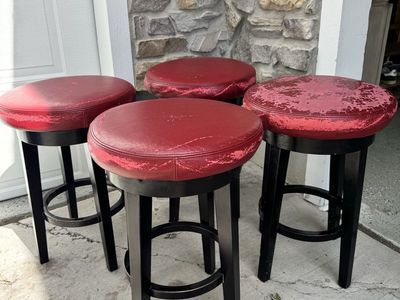 Set of 4 Grandin Road, Red Faux Leather Swivel Bar Stools - 16" Diameter, 25" Height