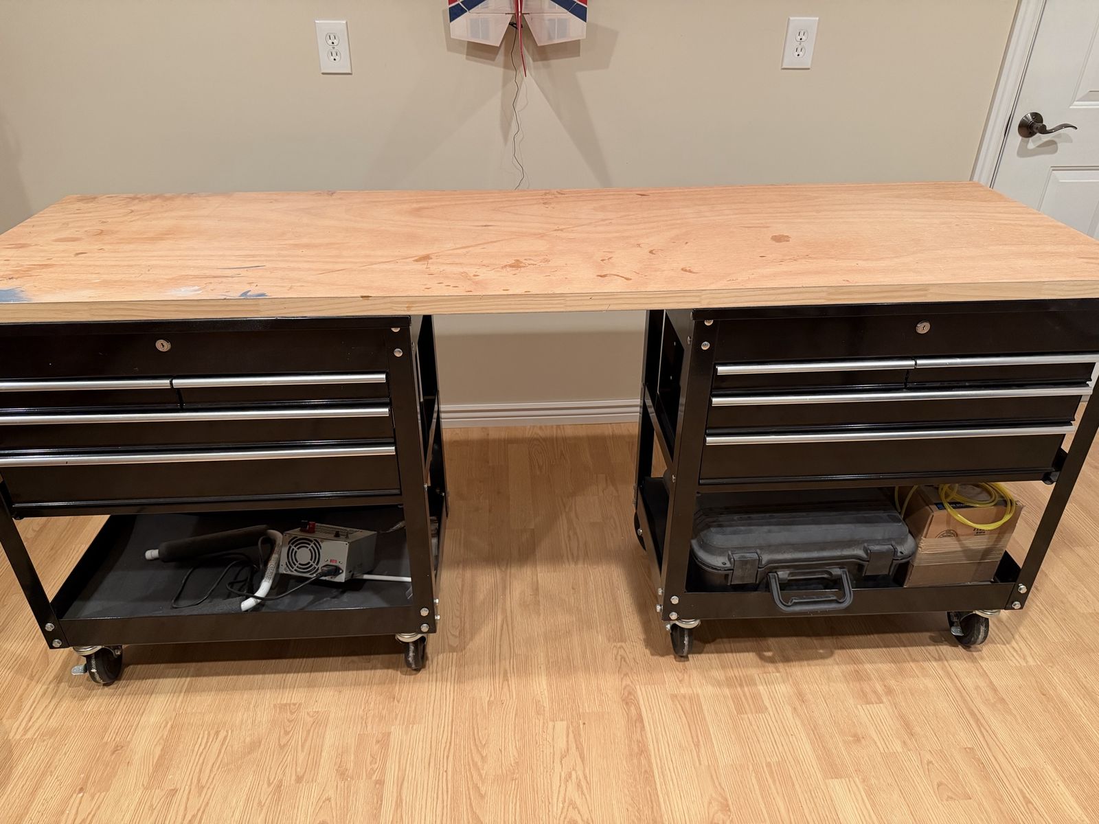 Custom Workbench with Dual Rolling Tool Chest Cabinets and Wood Top
