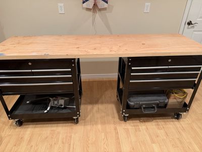 Custom Workbench with Dual Rolling Tool Chest Cabinets and Wood Top