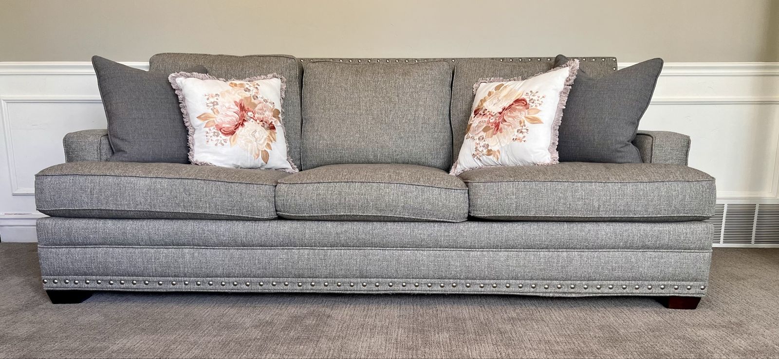 Stylish Gray Fabric Sofa with Nailhead Trim & Decorative Pillows
