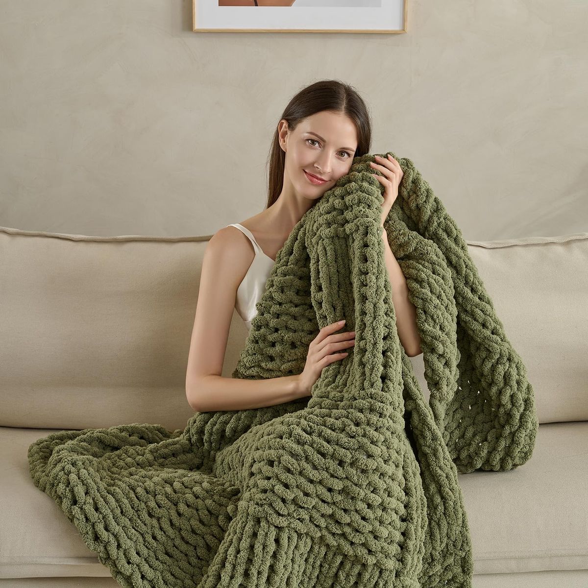 Wzowzo Knit Blanket, Chunky Chenille Throw, Olive Green, Soft & Cozy for Bed or Sofa Decor