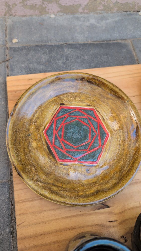 Handmade Ceramic Plate, Bowl, & Cup Set - Unique Glaze & Geometric Design