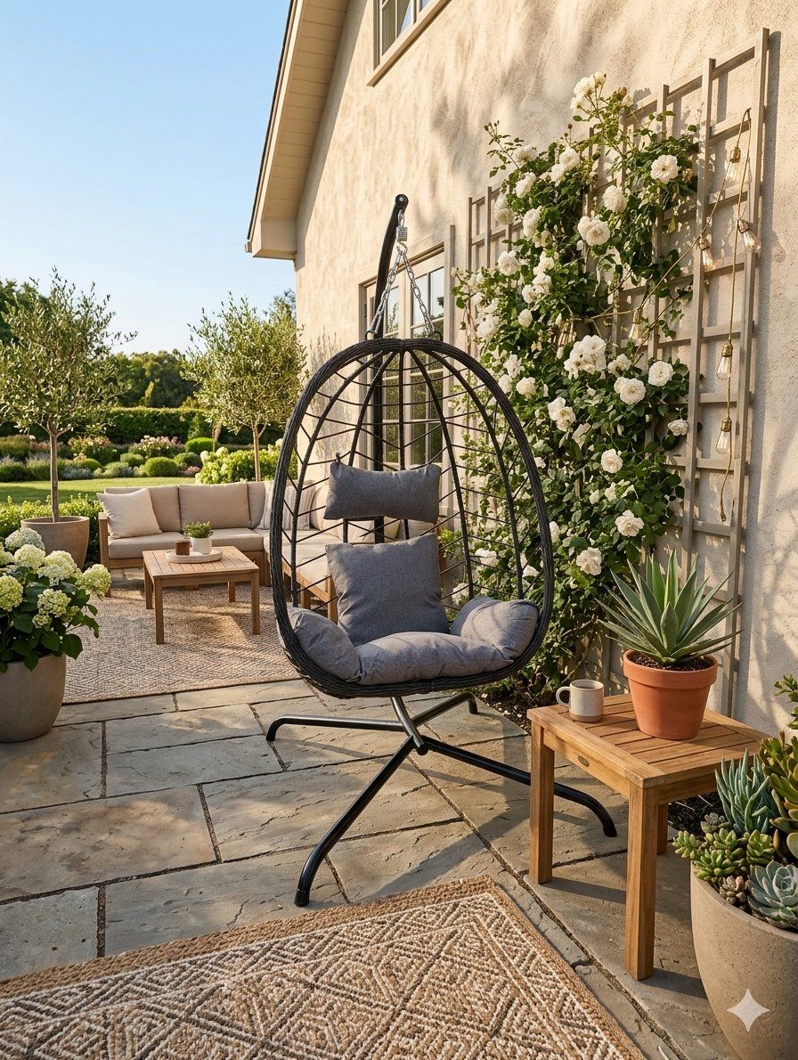 Outdoor Patio Egg Chair with Stand - Wicker & Steel Frame, Gray Cushions, Swinging Lounge Seating