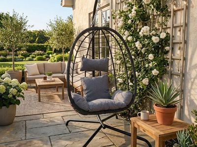 Outdoor Patio Egg Chair with Stand - Wicker & Steel Frame, Gray Cushions, Swinging Lounge Seating