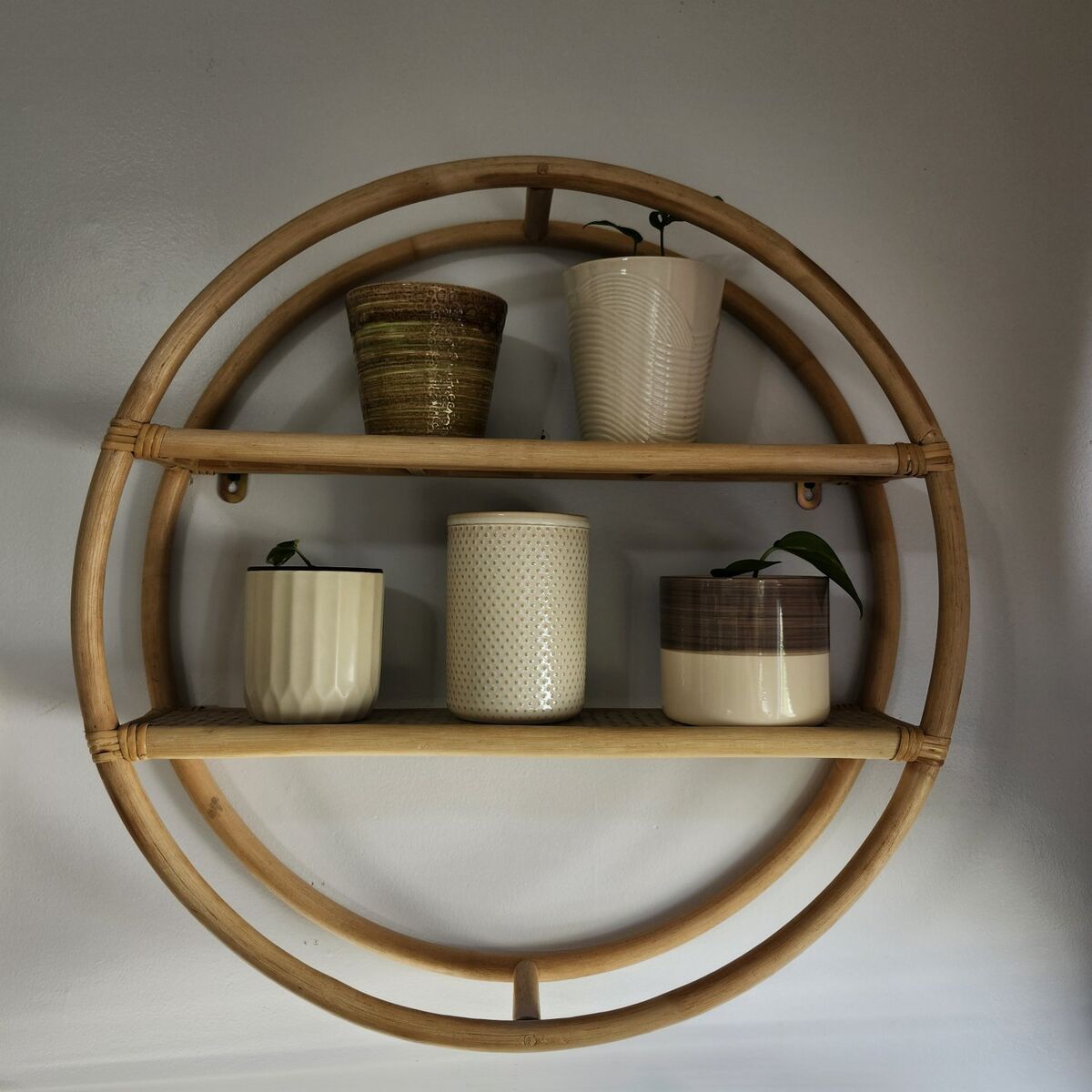 Round Rattan Wall Shelf – 2 Tier Plant Shelf