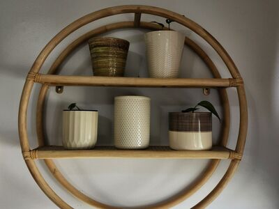 Round Rattan Wall Shelf – 2 Tier Plant Shelf