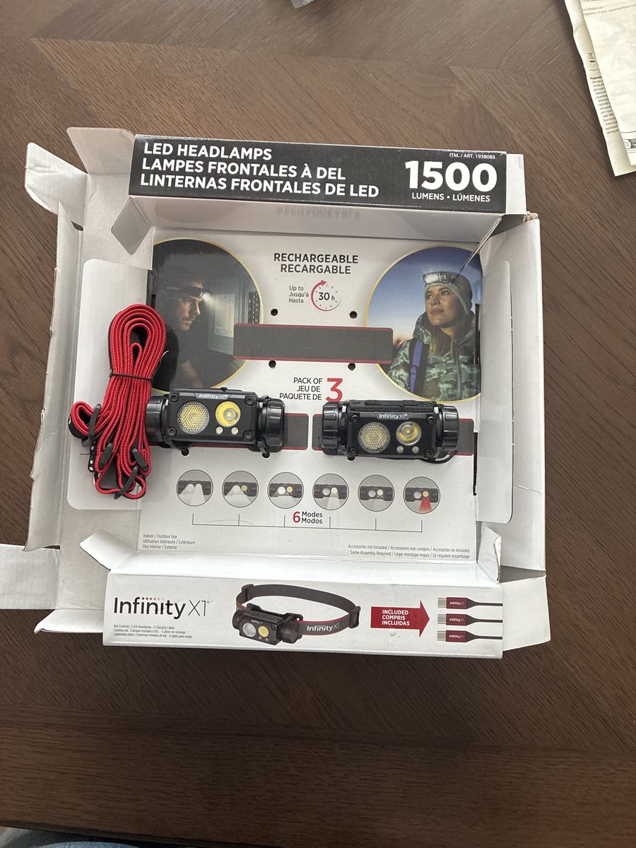 Two Infinity X1 1500 Lumens Rechargeable LED Headlamps, 6 Modes, Indoor/Outdoor Use