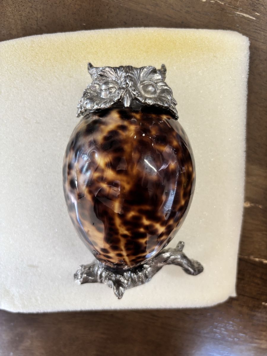 Vintage Style Cowrie Shell Owl Figurine 5" - Silver Metal Accents & Original Box