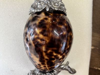 Vintage Style Cowrie Shell Owl Figurine 5" - Silver Metal Accents & Original Box