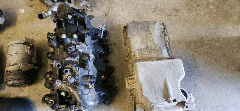 Chevy 4.8L LS Engine Parts Lot - Intake Manifold, Oil Pan, Alternator, Starter, AC Compressor, Throttle body