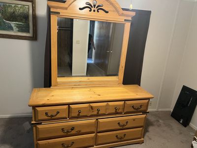 Wood 6-Drawer Dresser with Mirror - Light Pine Finish, Brass Hardware