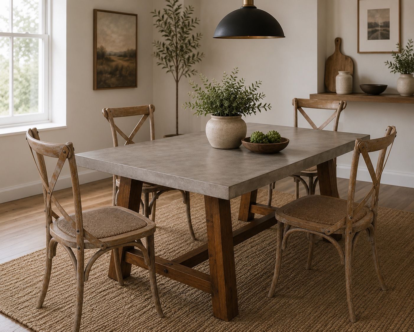 Handcrafted Concrete Top Dining Table - Rustic Solid Wood Base, 60"L x 40"W x 30"H and a set of 4 crisscross back chairs