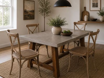 Handcrafted Concrete Top Dining Table - Rustic Solid Wood Base, 60"L x 40"W x 30"H and a set of 4 crisscross back chairs