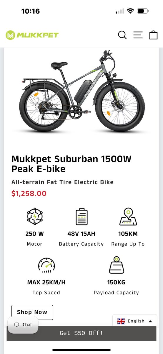 Mukkpet Suburban 1500W Peak E-bike All-Terrain Fat Tire Electric Bike